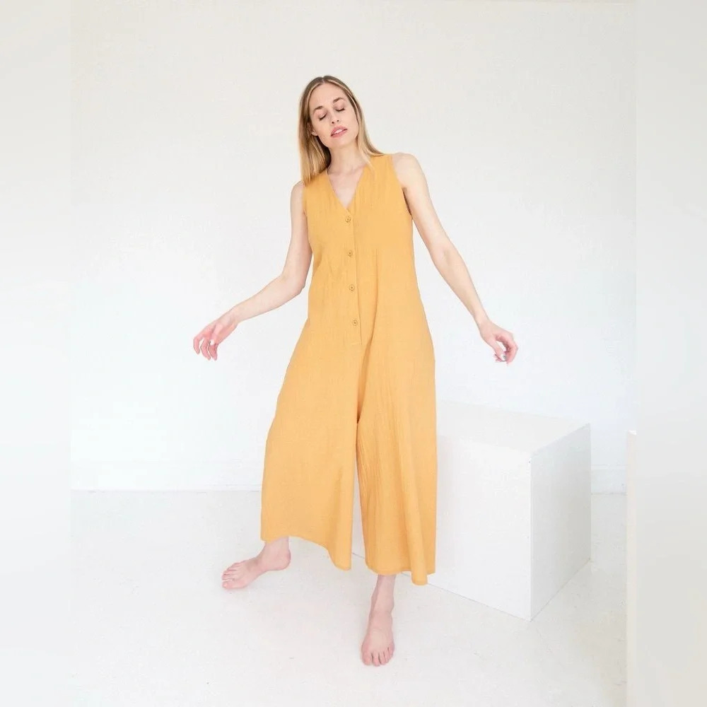 7115 BY SZEKI Wide Legged Linen Cotton Jumpsuit in Golden Yellow